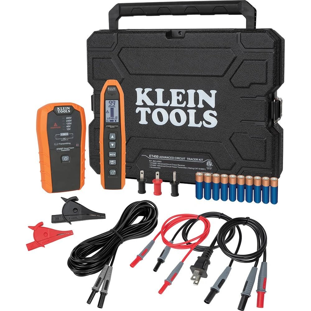 Klein Tools ET450 circuit breaker and wire tracer kit with hard case, transmitter, receiver, leads and batteries