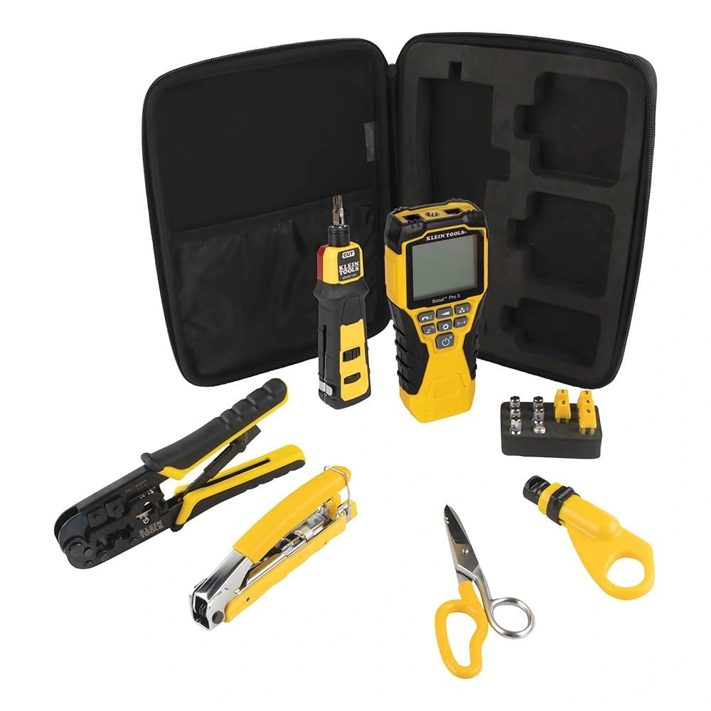 Klein Tools VDV001819 cable installation and test set with Scout Pro 3 tester and hand tools in case